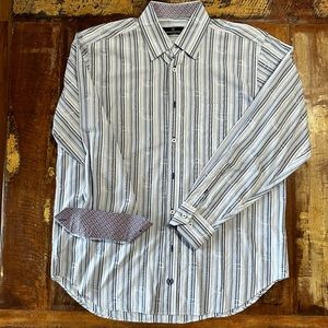 Bugatchi dress shirt Size L Blue white stripes paisley